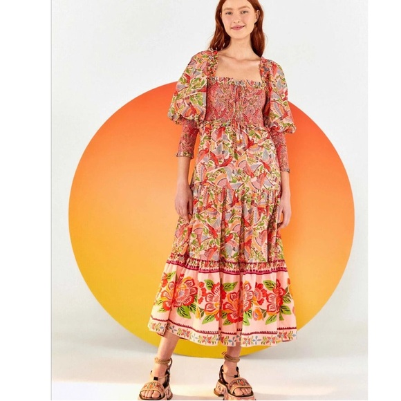 FARM RIO ANTHROPOLOGIE PINK MACAW FLIGHT SMOCKED MIDI DRESS - Picture 4 of 13